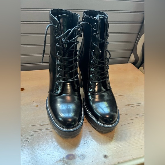 Black Bershka boots Women’s Block Heels Platform Patent Ankle Combat Boots - Picture 13 of 14